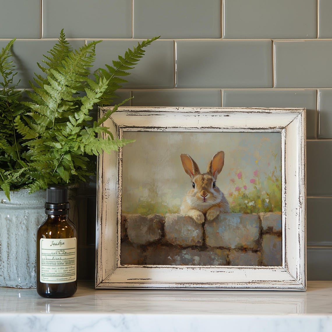 Curious Bunny Peeking Over Stone Garden Wall Spring Animal Art Print - Image 4