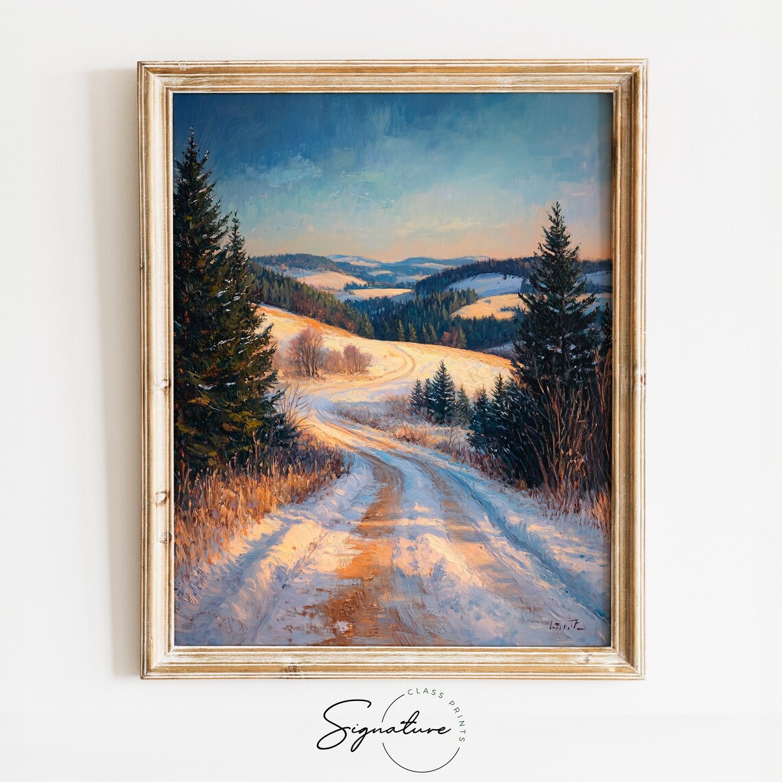 Golden Light Country Road Through Snowy Winter Hills Oil Painting Print