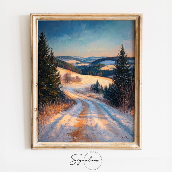 Golden Light Country Road Through Snowy Winter Hills Oil Painting Print