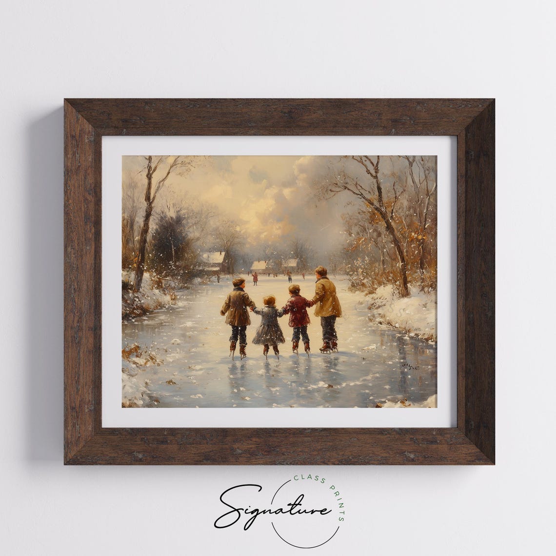 Four Children Ice Skating On A Frozen Pond At Golden Sunset Poster - Image 5
