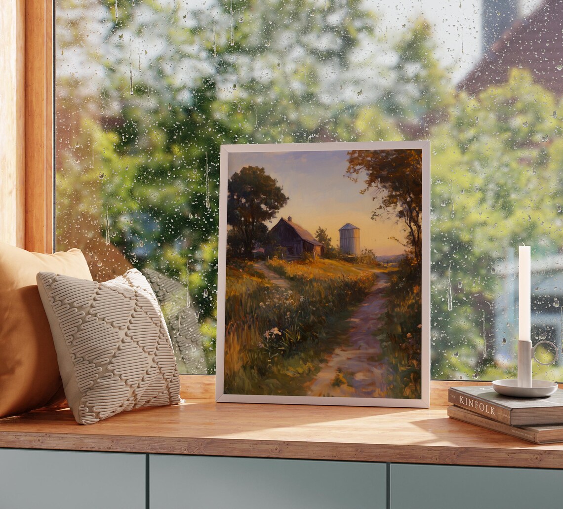 Cottage Farmhouse Silo Golden Hour Meadow Country Scene Poster - Image 2