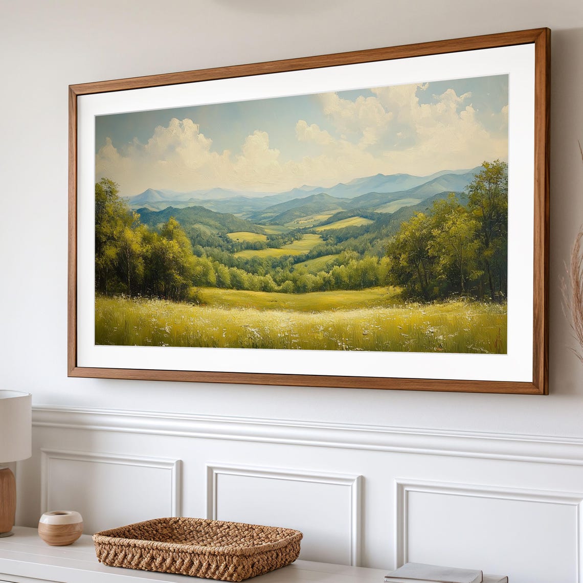Golden Meadow Valley Rolling Green Hills Hazy Blue Mountains Wall Art - Image 2