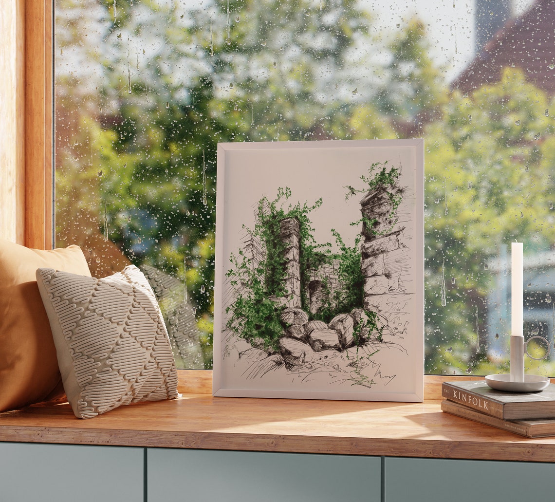 Ancient Stone Ruins Covered In Ivy Green Watercolor Sketch Poster - Image 2