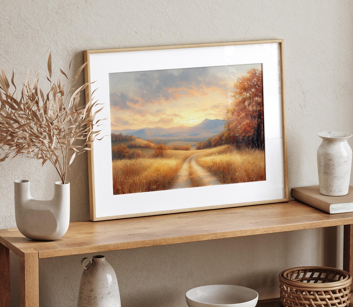 Golden Fields Dirt Road Sunset Mountain Horizon Painting Print - Image 4