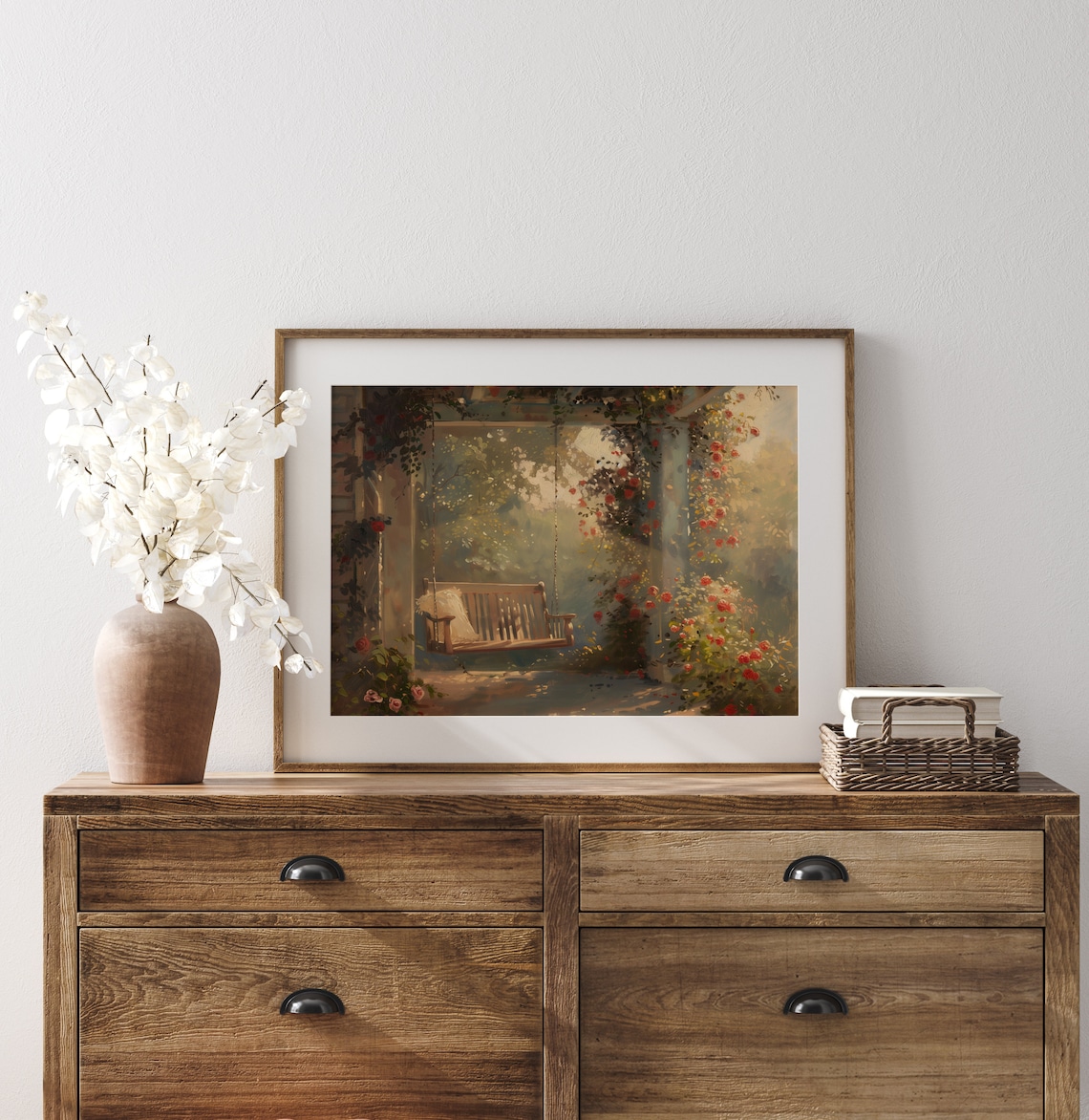 Sunlit Porch Swing Under Rose Pergola Garden Retreat Painting Poster - Image 3