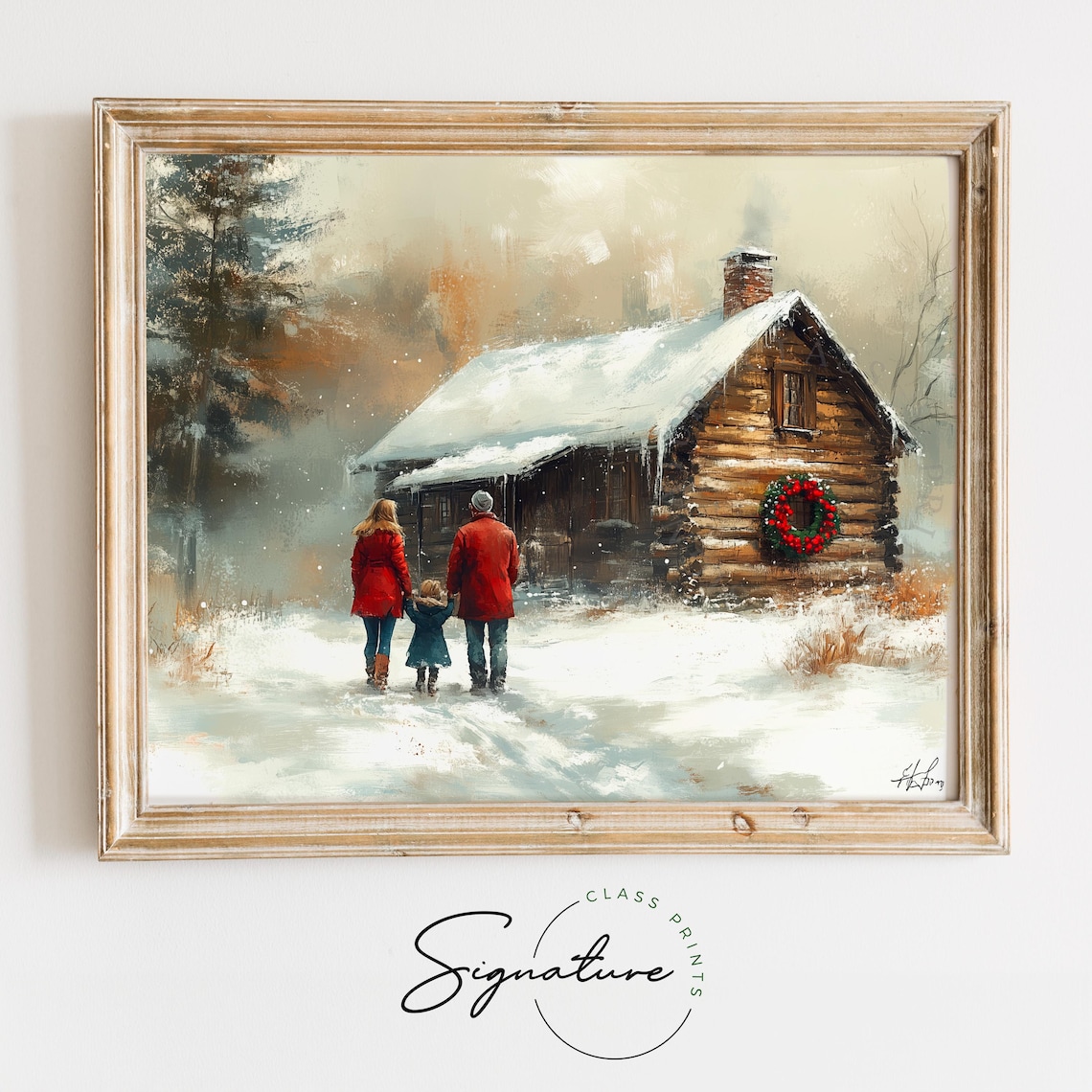 Family Walking To Log Cabin With Christmas Wreath Winter Poster