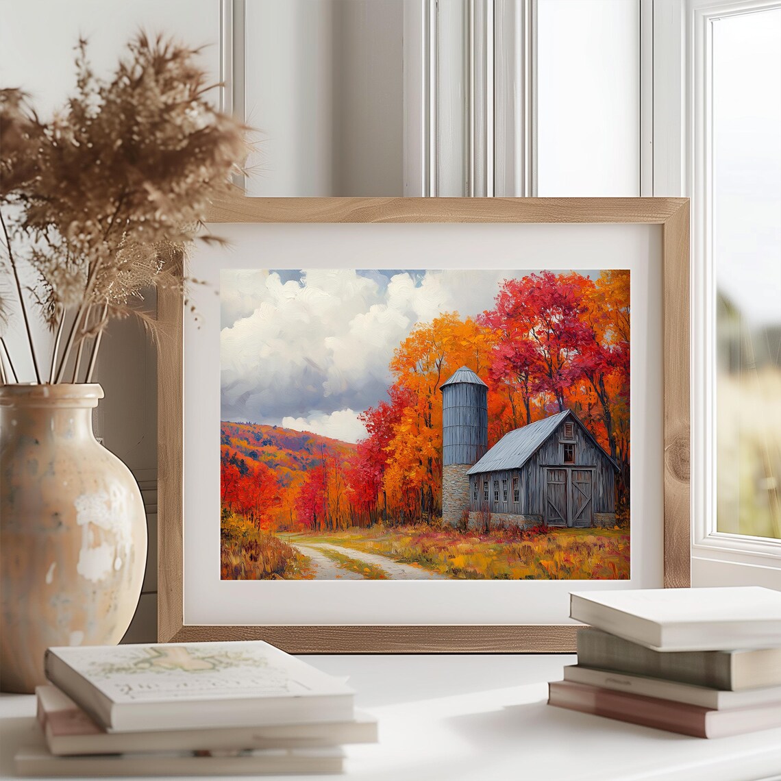 Gray Barn and Stone Silo Among Vivid Red Autumn Foliage Poster - Image 2