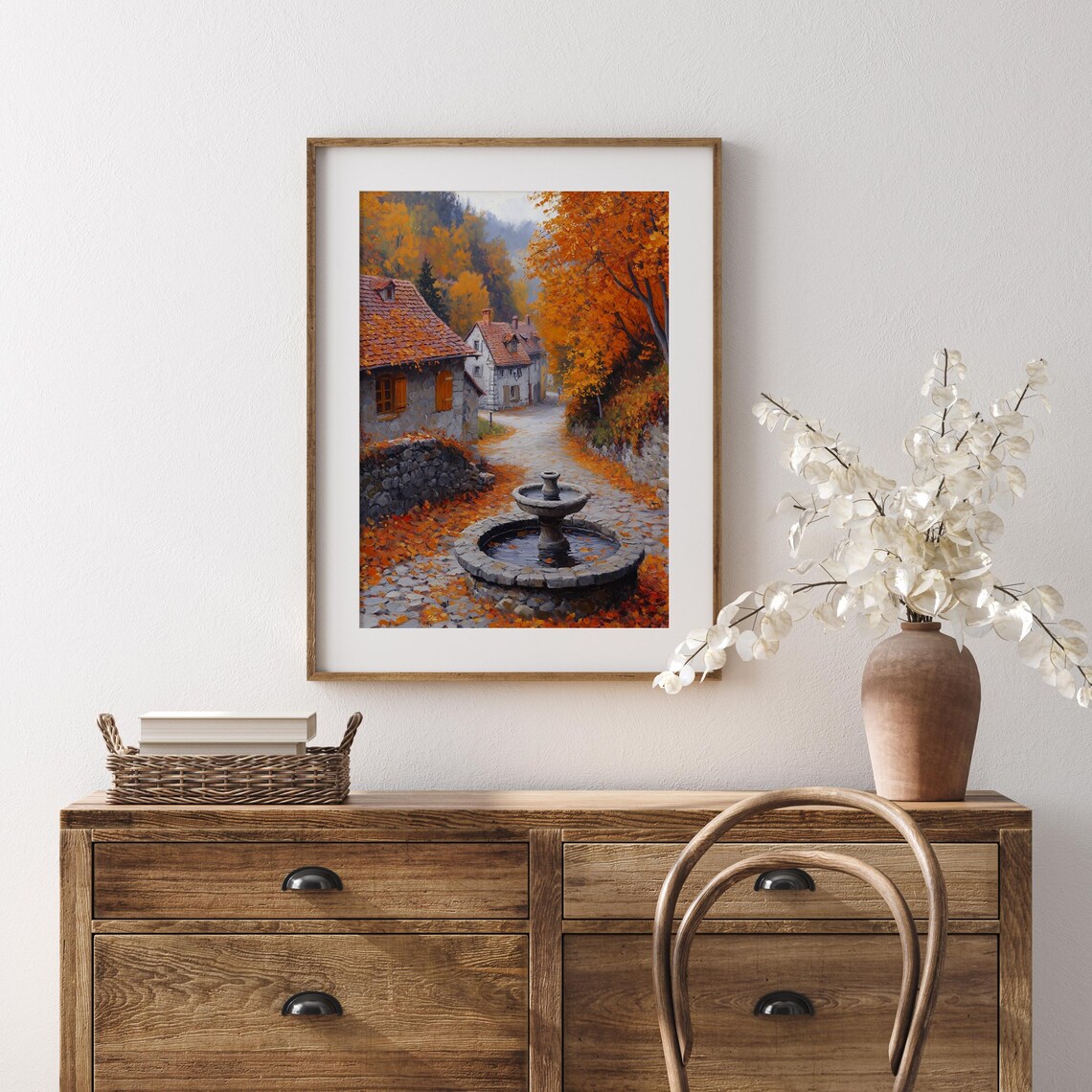 Autumn Village Fountain Old Town Cobblestone Street Orange Trees Poster - Image 5