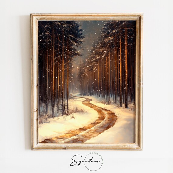 Snowy Forest Path at Night with Falling Snow in Dark Winter Poster