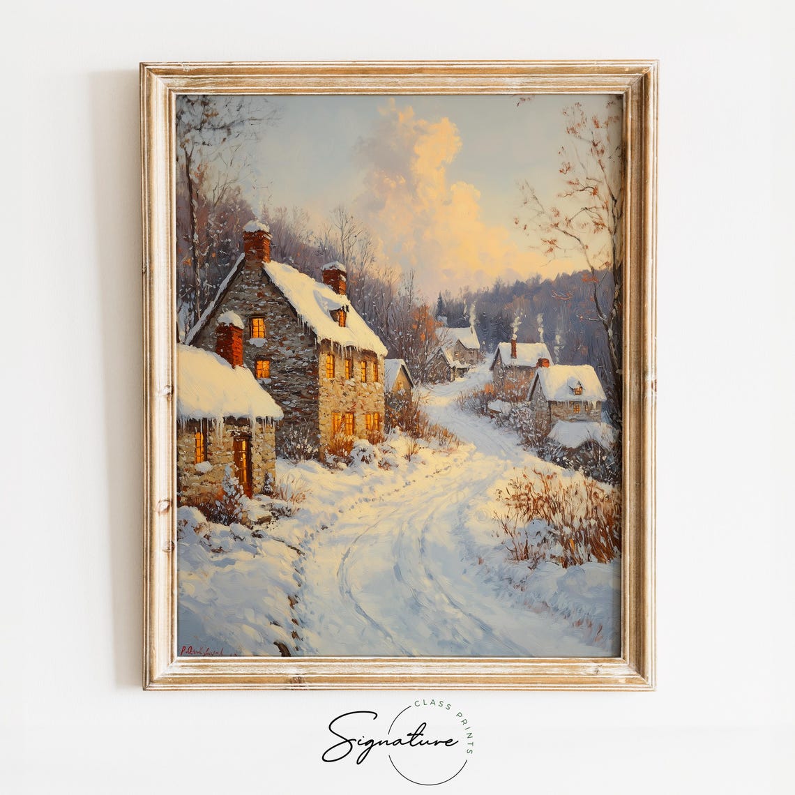 Snowy Village Lane With Glowing Cottages And Winding Path Poster