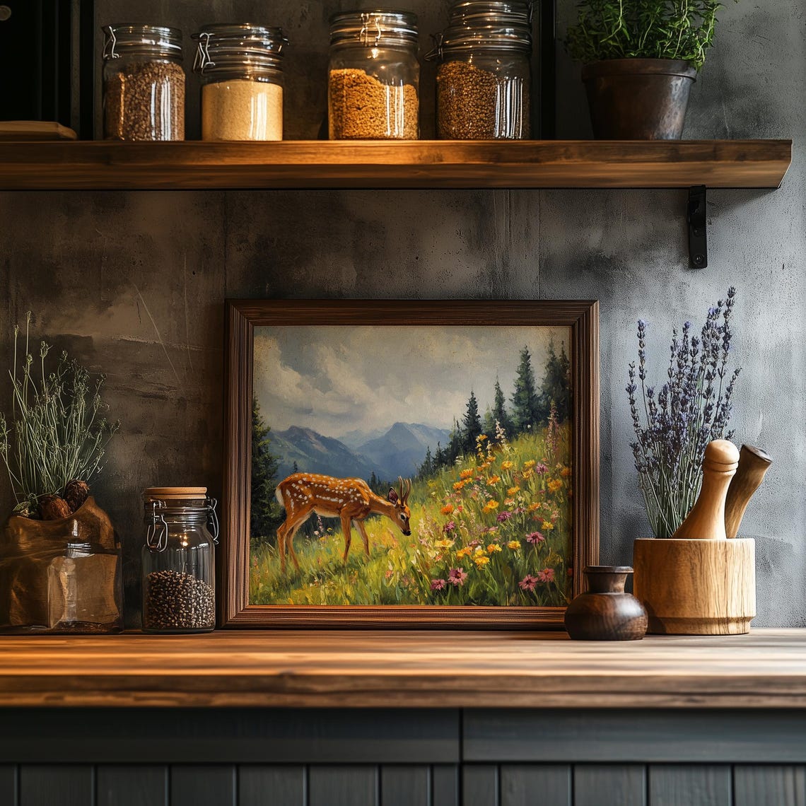 Spotted Deer Grazing Mountain Wildflower Meadow Summer Art Print - Image 2