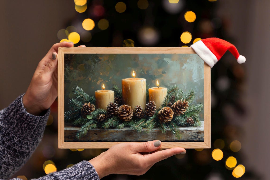 Glowing Pillar Candles with Pinecones and Evergreen Garland Poster - Image 3