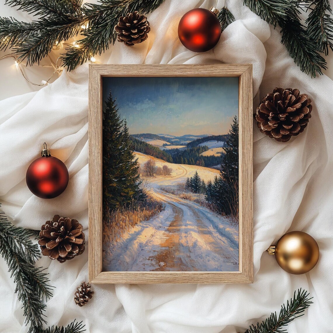 Golden Light Country Road Through Snowy Winter Hills Oil Painting Print - Image 4