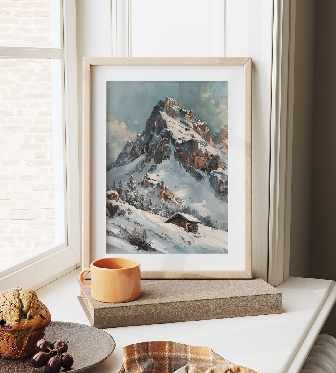 Snowy Alpine Mountain Peak Log Cabin Winter Landscape Poster - Image 6