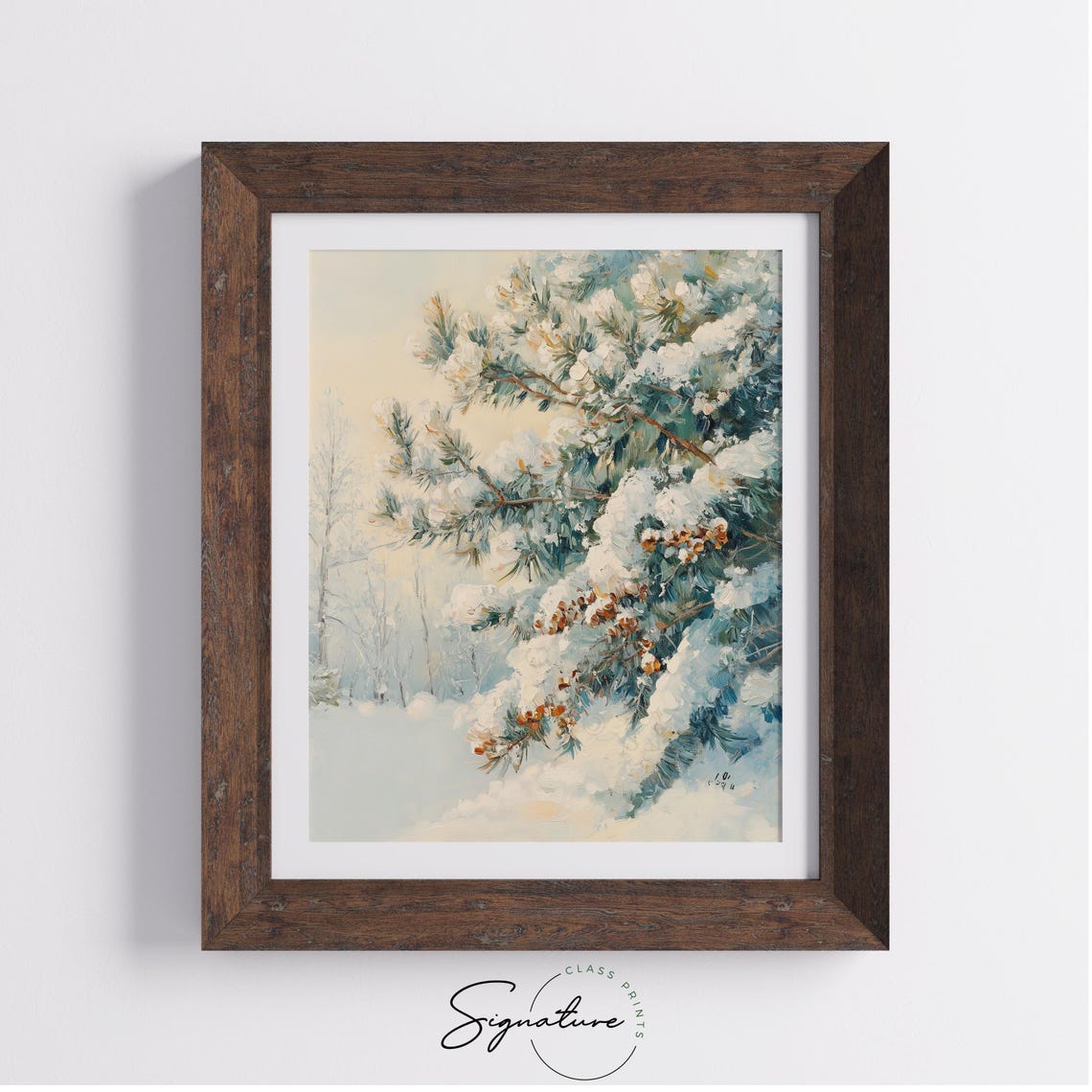 Snowy Pine Branch With Orange Berries In Winter Forest Poster - Image 3