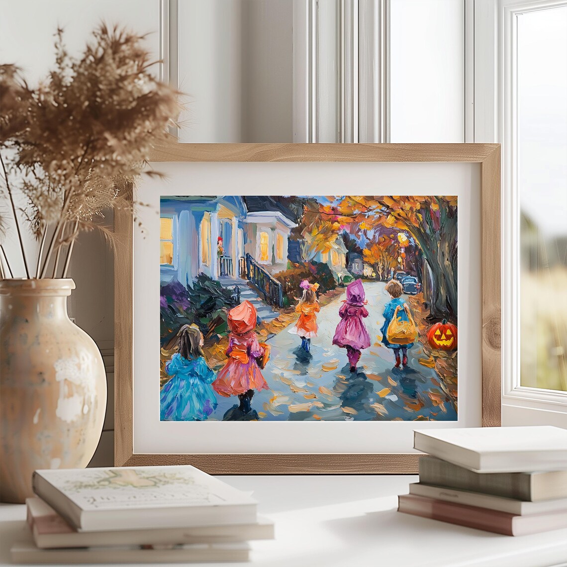 Halloween Trick Or Treat Painting Costumed Children Dusk Fall Poster - Image 2
