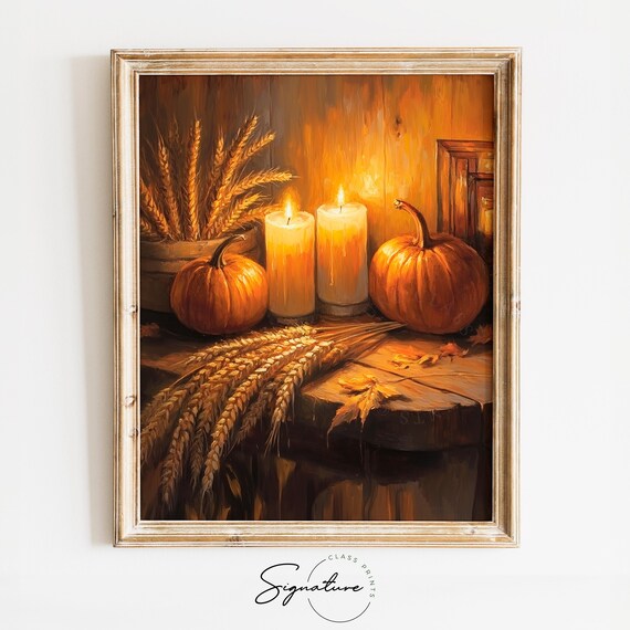 Glowing Candles With Pumpkins And Wheat Harvest Table Poster