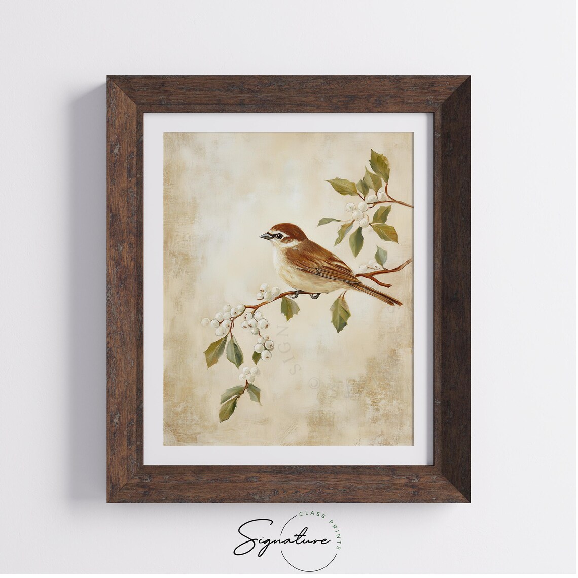Sweet Brown Songbird on Winter Berry Branch Oil Painting Poster - Image 3