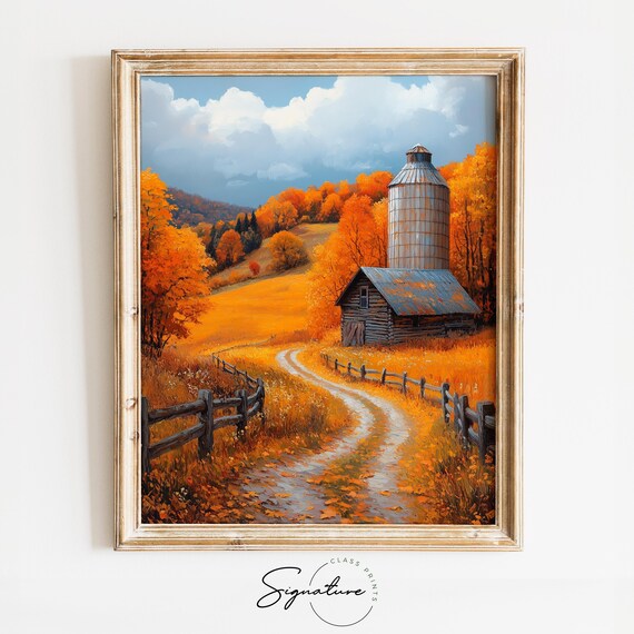 Rustic Log Cabin With Silo Autumn Country Road Fall Painting Print
