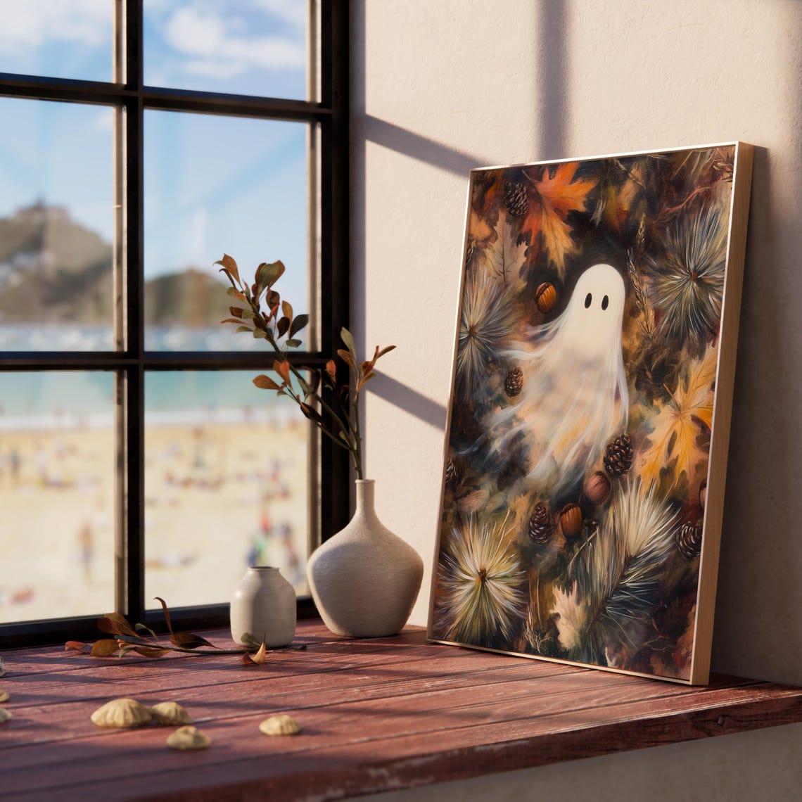 Cute Ghost Floating Through Vibrant Fall Leaves and Pinecones Poster - Image 5