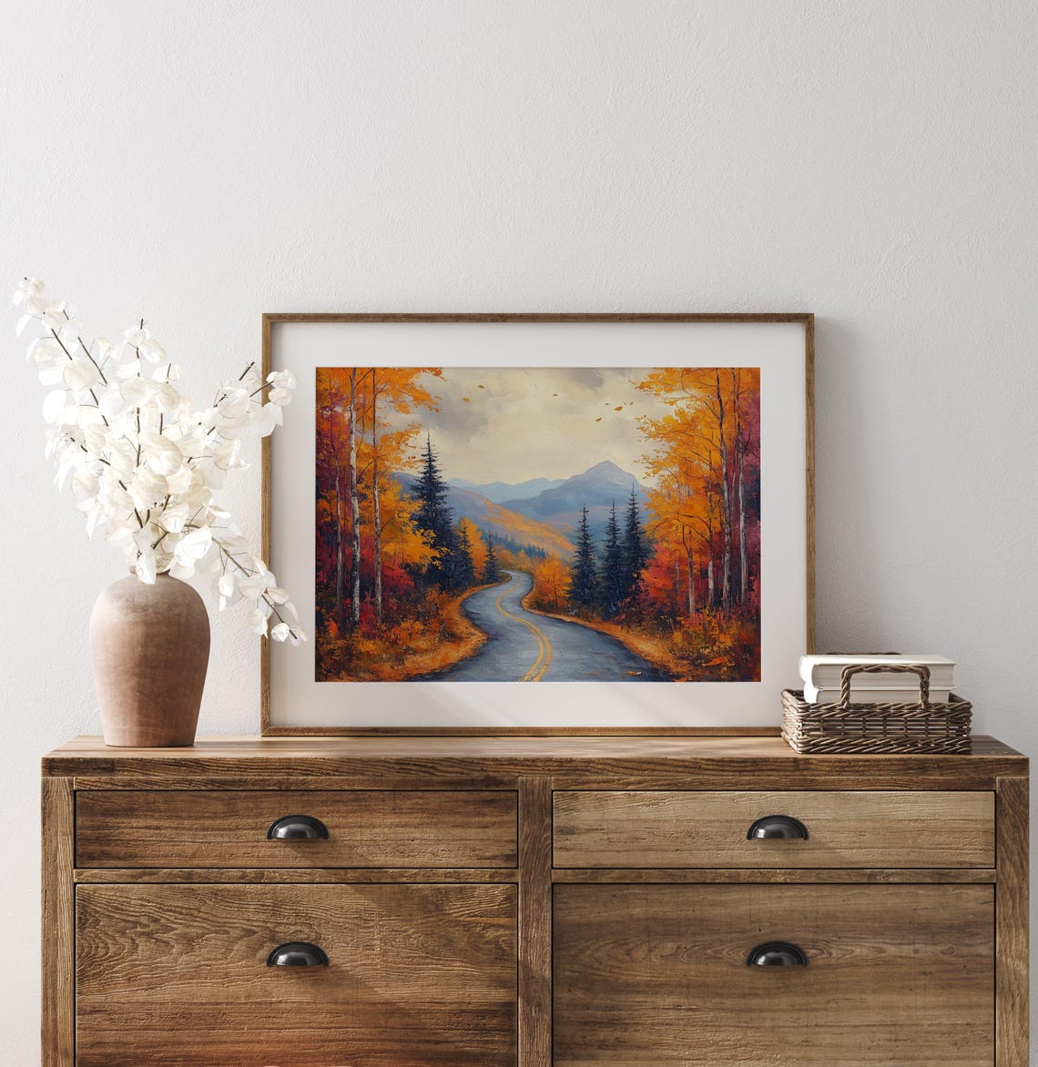Curving Road Birch Forest Falling Leaves Mountain Oil Painting Poster - Image 3