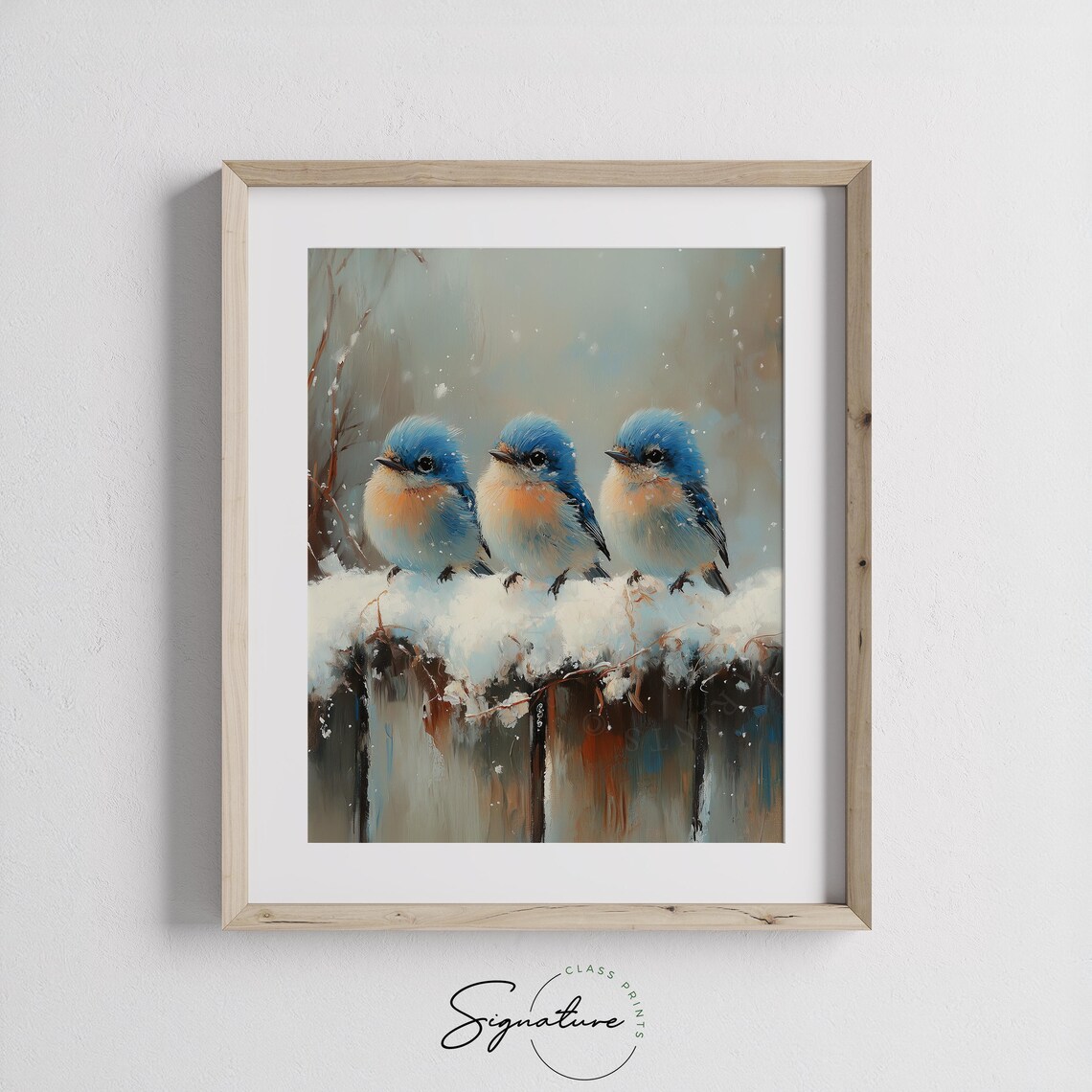 Three Baby Bluebirds On Snowy Fence Adorable Winter Bird Art Poster - Image 3