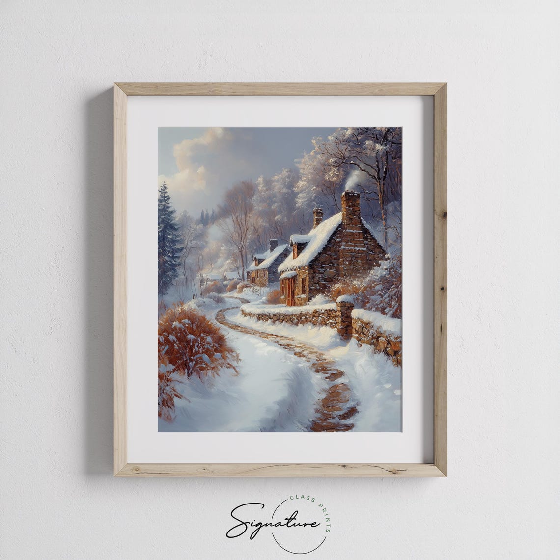 Snowy Stone Cottages Along a Winding Lane Golden Hour Poster - Image 2