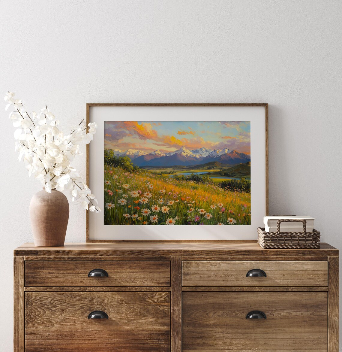Snow Capped Mountain Sunrise Wildflower Meadow Golden Landscape Print - Image 4