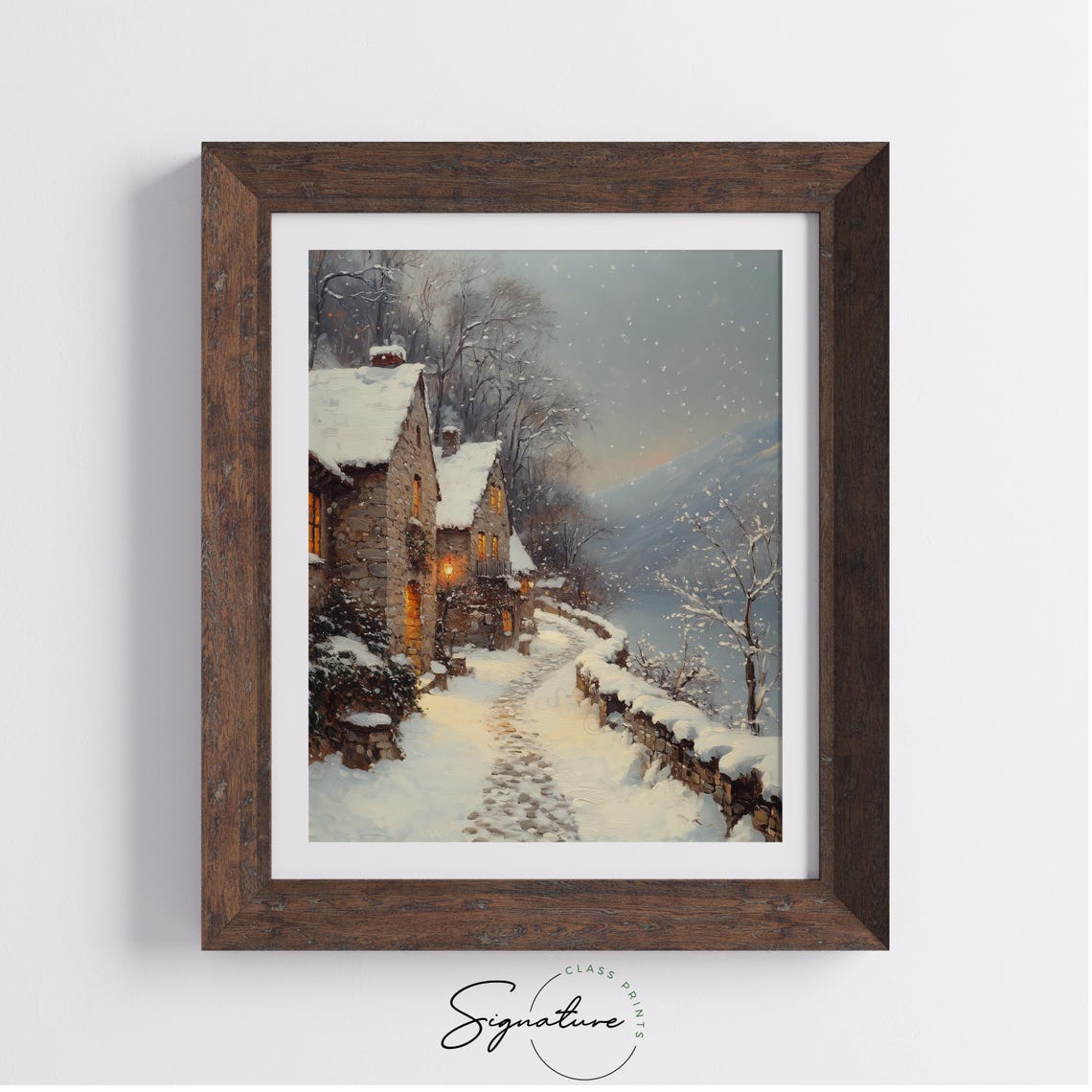 Snowy Cobblestone Lane by the Lake Winter Village Scene Poster - Image 3