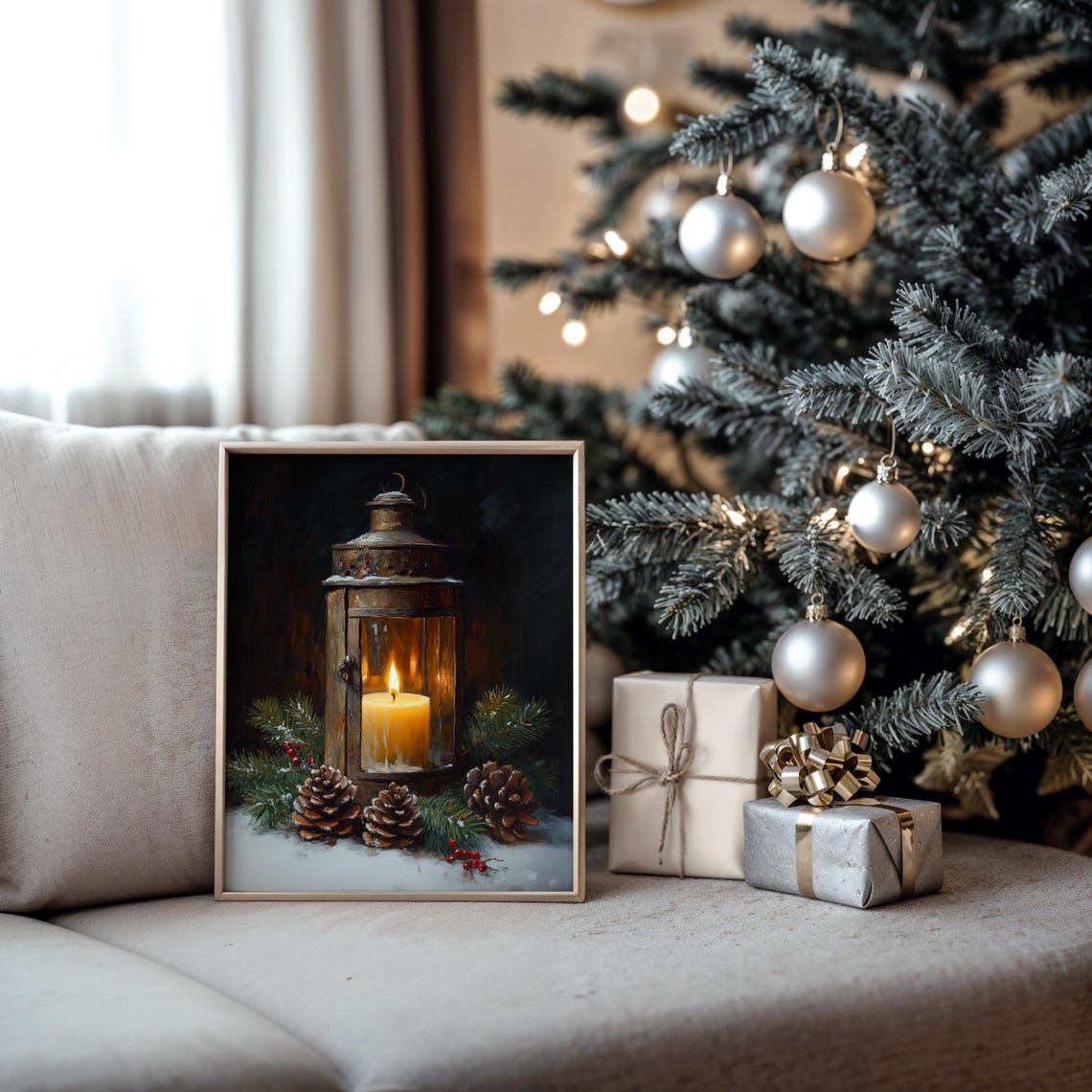 Rustic Lantern With Candle Pinecones And Holly Winter Poster - Image 5