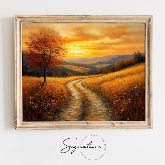Sunset Path Golden Wheat Fields Autumn Horizon Painting Print
