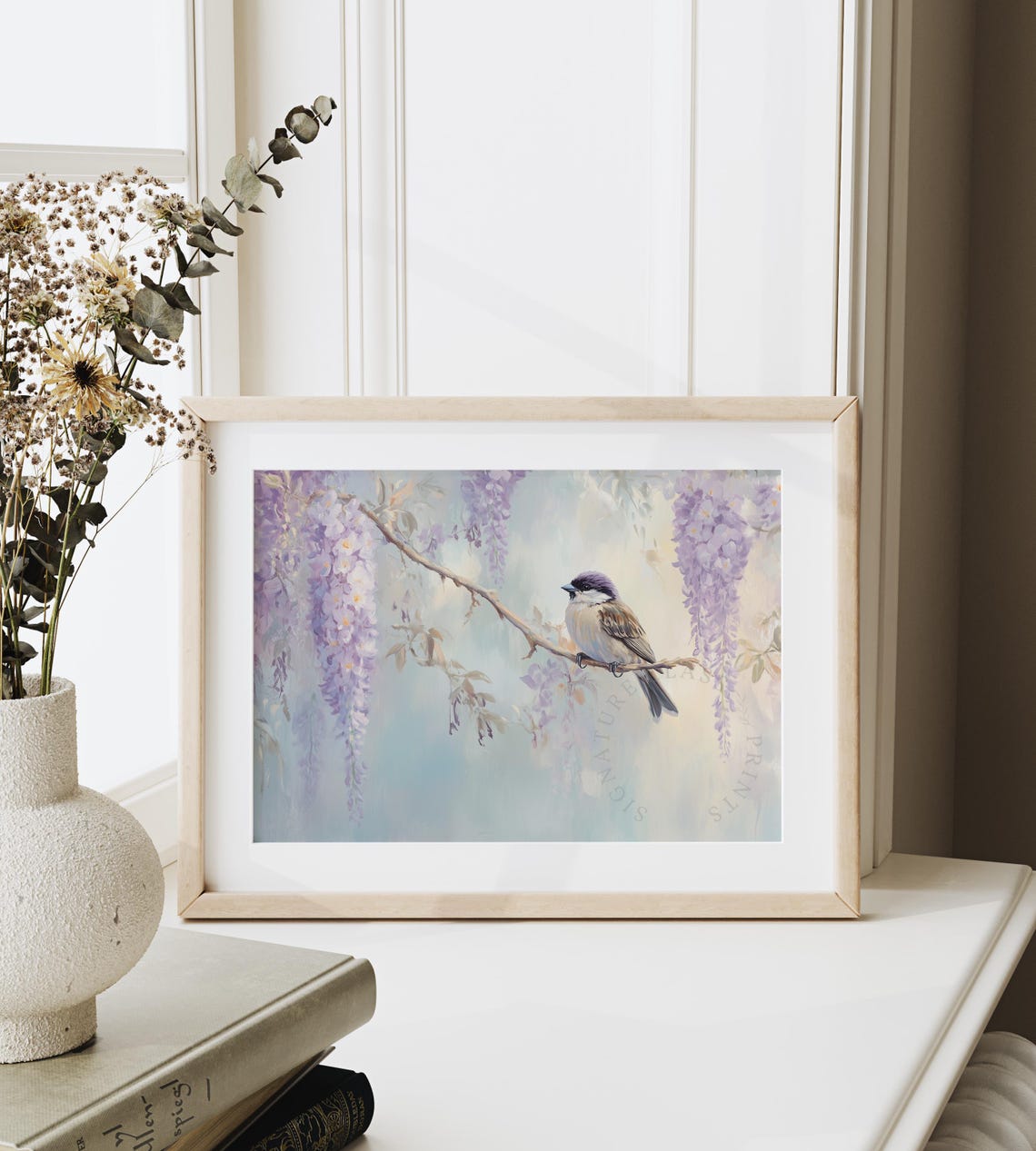 Sparrow On Branch With Hanging Wisteria Blossom Clusters Poster - Image 4