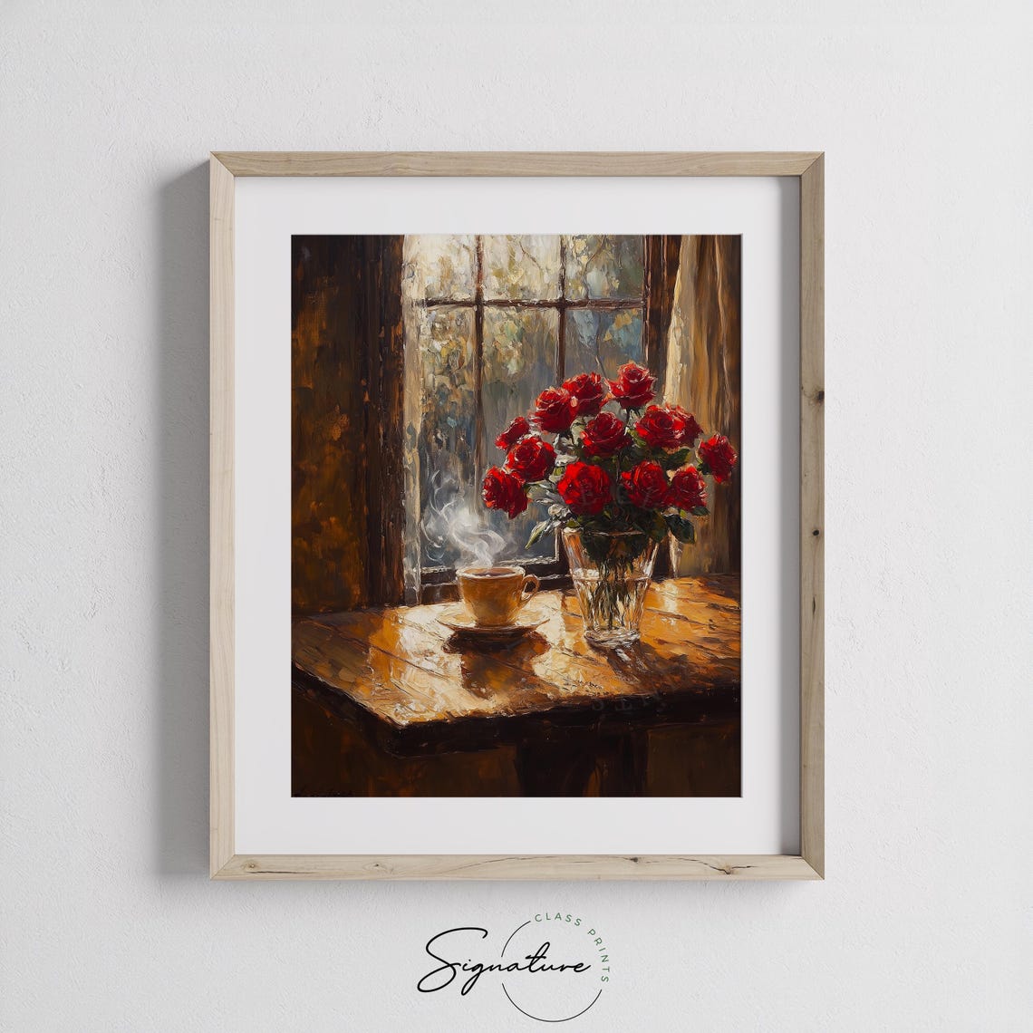 Red Roses Vase Steaming Coffee Sunlit Window Cozy Morning Art Poster - Image 3