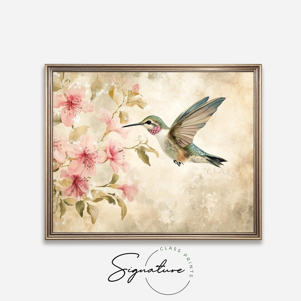 Hummingbird Hovering Near Pink Blossoms Delicate Vintage Wall Art - Image 4