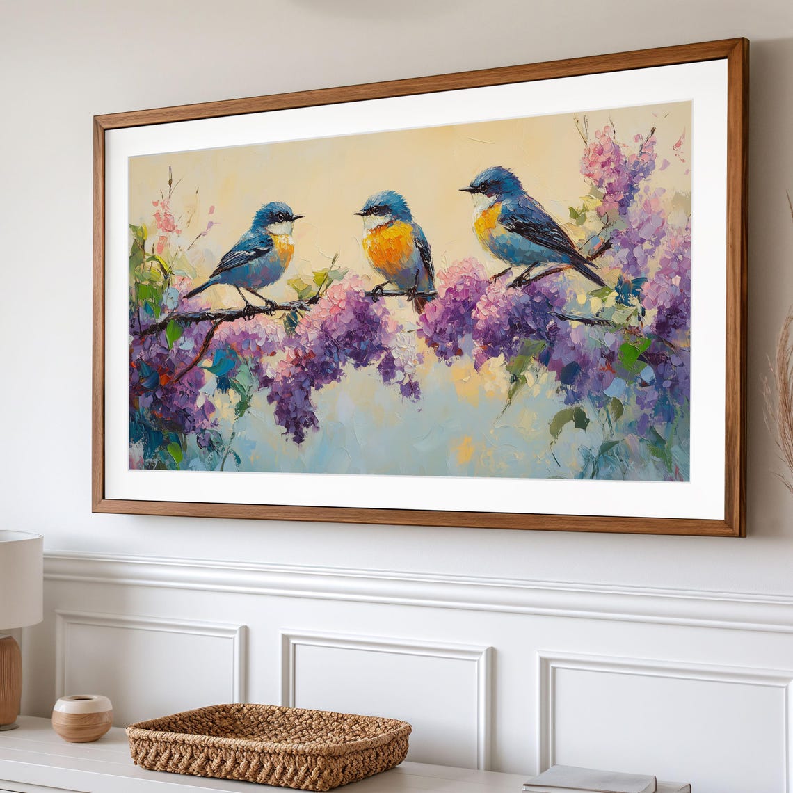 Warbler Trio On Blooming Lilac Cottagecore Bird Frame Art Print - Image 2