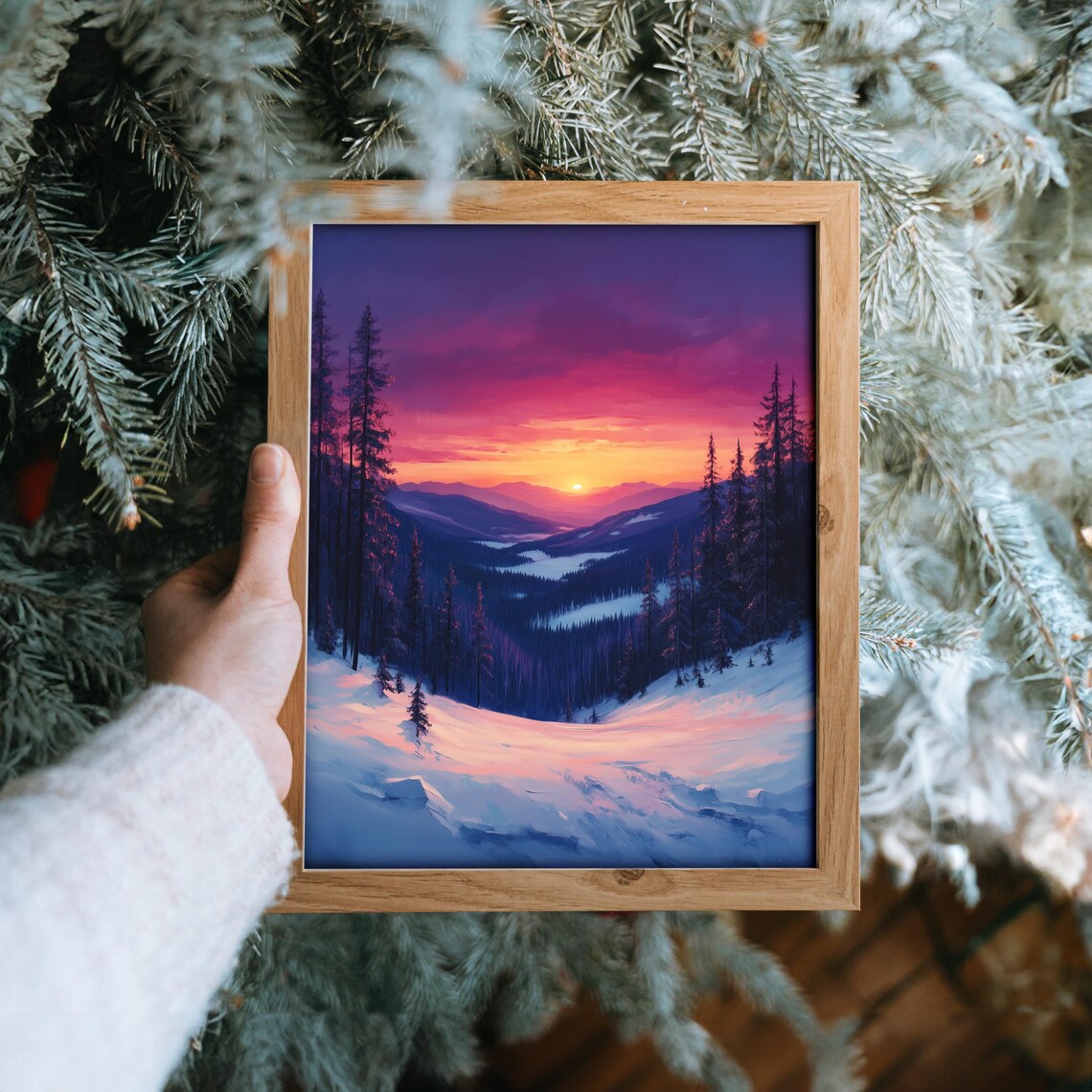 Magenta Sunset Over Snowy Valley Tall Pines Oil Painting Style Poster - Image 6