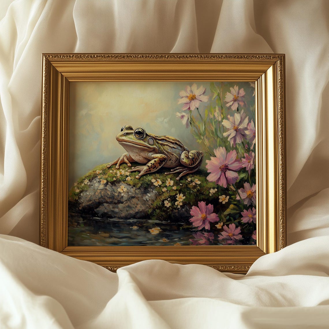 Frog On Mossy Rock Pond Cosmos Flowers Spring Animal Wall Art - Image 4