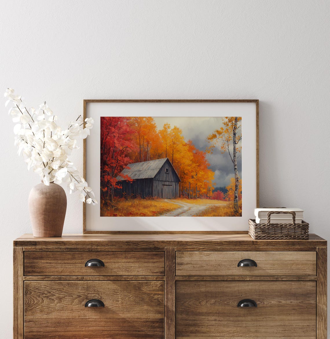 Wooden Barn Autumn Maples Red Forest Fall Rustic Landscape Wall Art - Image 3