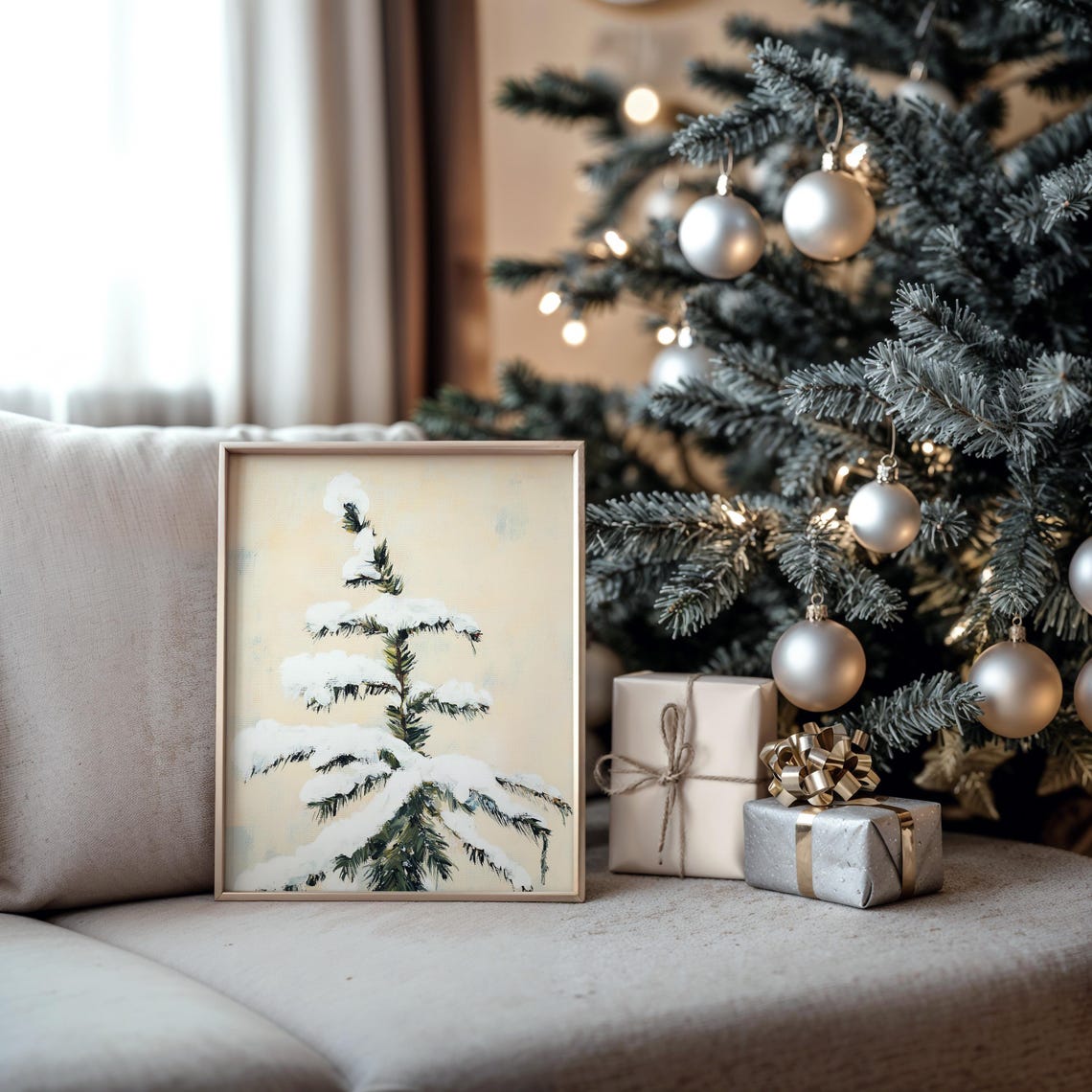 Snow Covered Fir Branch Against a Warm Beige Sky Winter Poster - Image 5