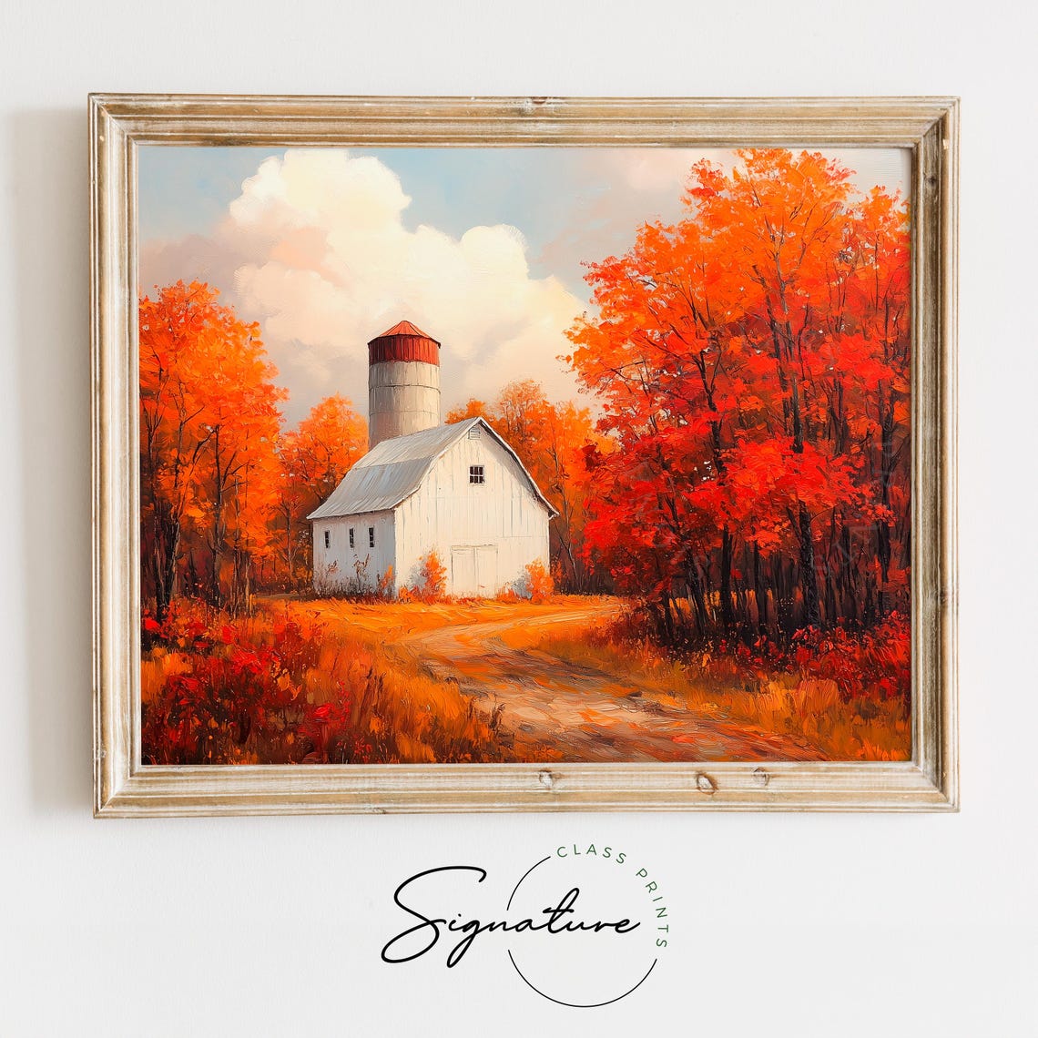 White Barn Silo Autumn Forest Fall Colors Oil Painting Poster