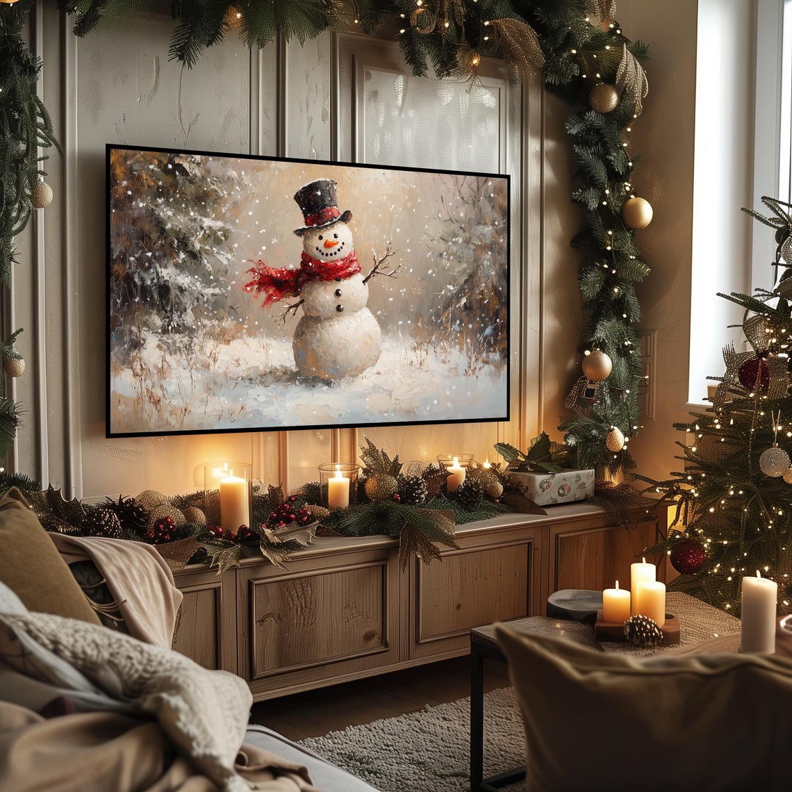Snowman With Top Hat and Red Scarf in Snowy Forest Holiday Art Poster - Image 3
