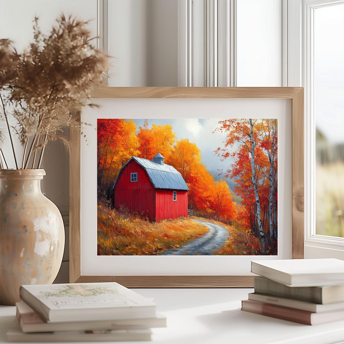 Red Barn Autumn Birches Fall Foliage Rustic Farm Lane Wall Art - Image 2