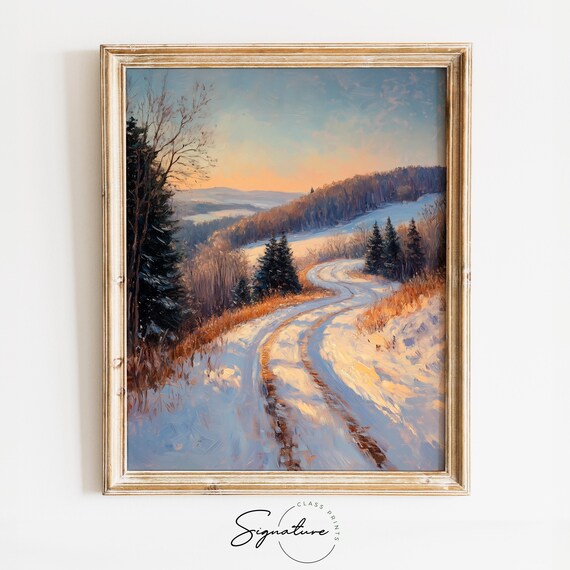 Winding Snowy Country Road Golden Sunset Winter Landscape Poster