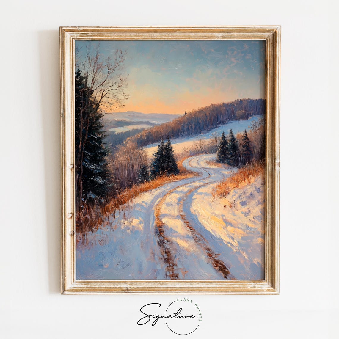 Winding Snowy Country Road Golden Sunset Winter Landscape Poster