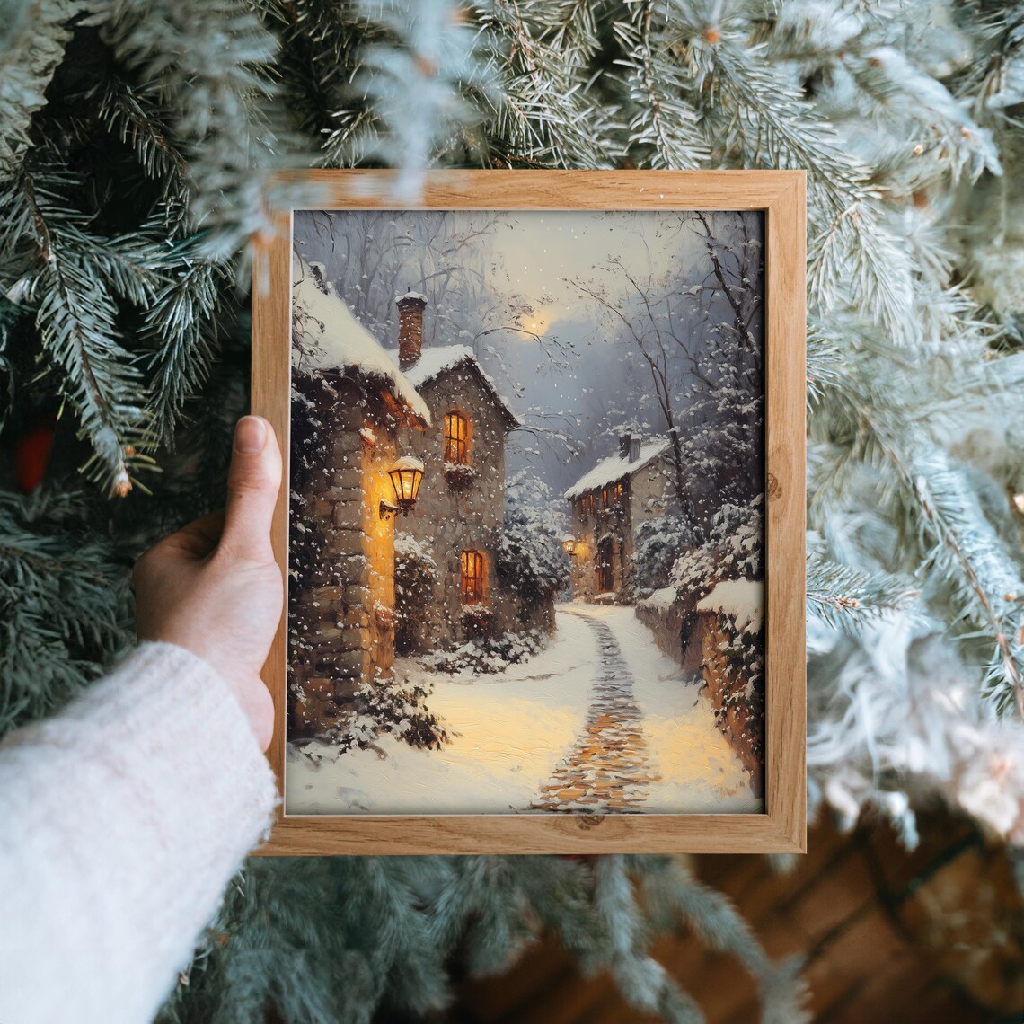 Snowy Village Cobblestone Alley With Glowing Lamps At Night Poster - Image 6