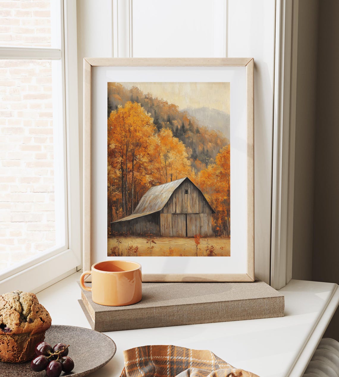 Weathered Wooden Barn Beneath Golden Autumn Trees and Hills Poster - Image 6