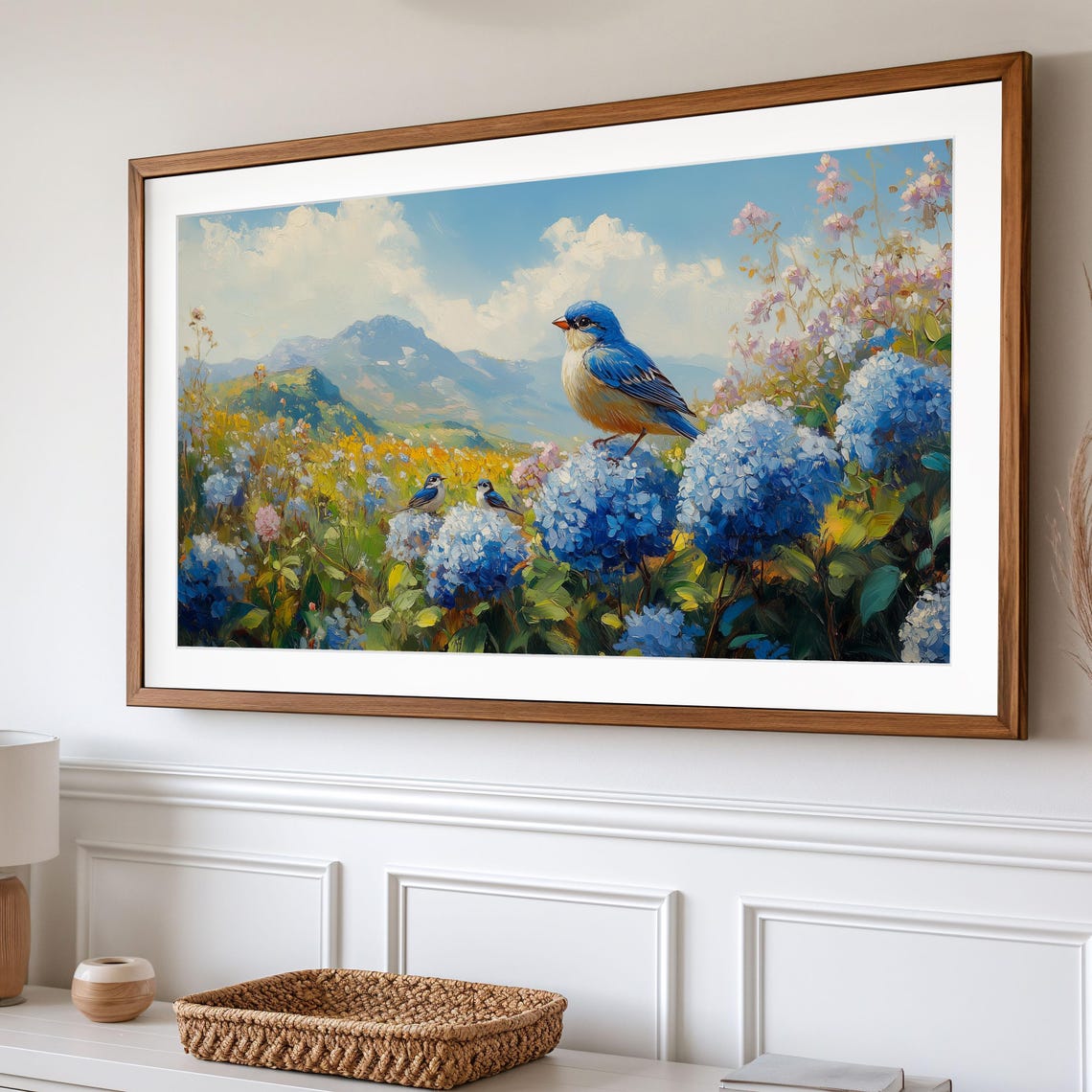 Bluebird Family On Blue Hydrangeas In Mountain Meadow Poster - Image 2