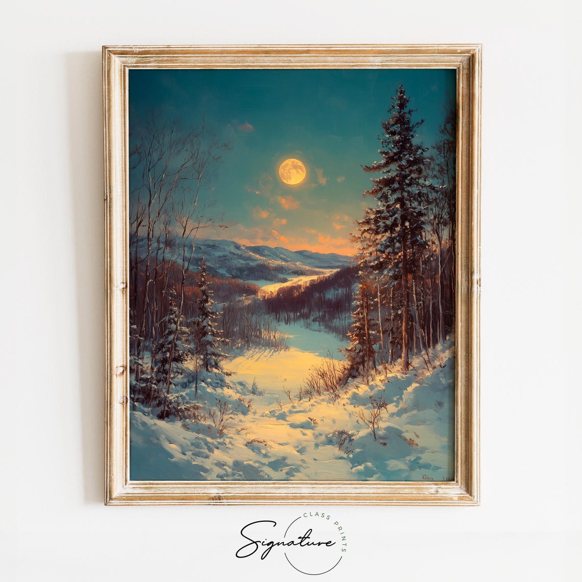 Full Moon Rising Over Snowy Forest Hillside Winter Night Poster