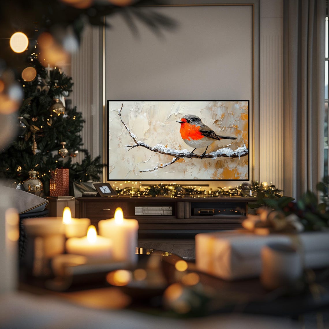 Cheerful Robin On Snowy Branch Winter Frame TV Art Bird Poster - Image 6