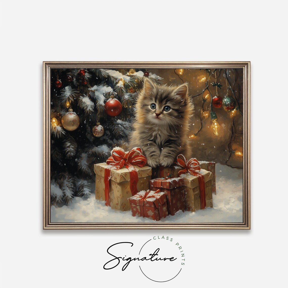 Fluffy Gray Kitten Among Wrapped Gifts with Red Bows at Night Poster - Image 4